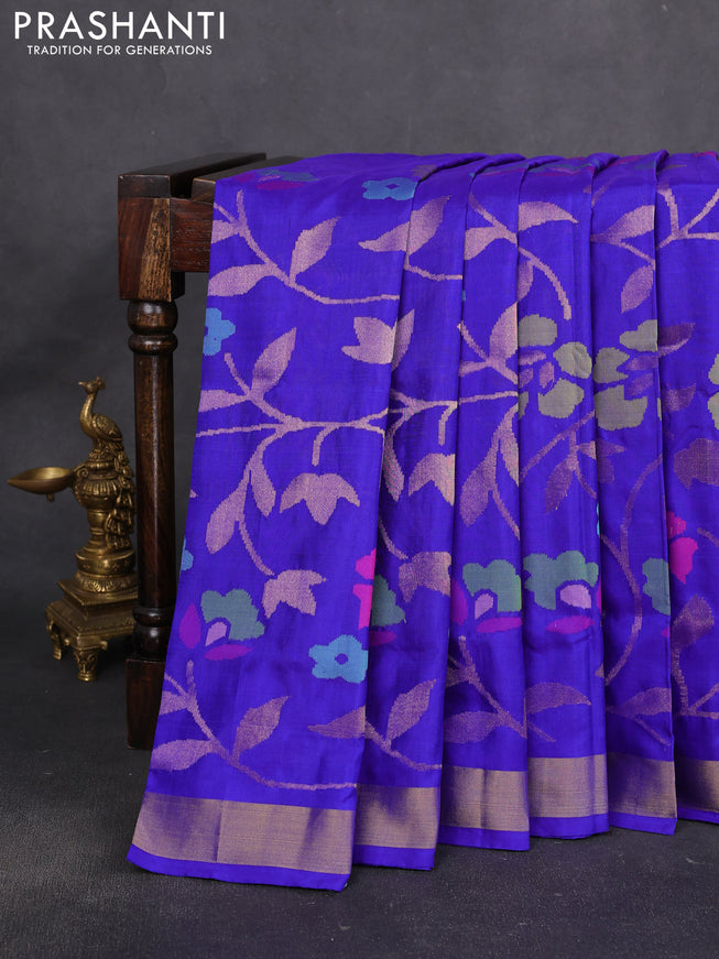 Uppada jamdhani silk saree royal blue with allover floral jamdhani weaves and zari woven border