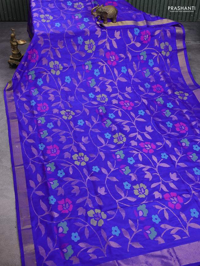 Uppada jamdhani silk saree royal blue with allover floral jamdhani weaves and zari woven border