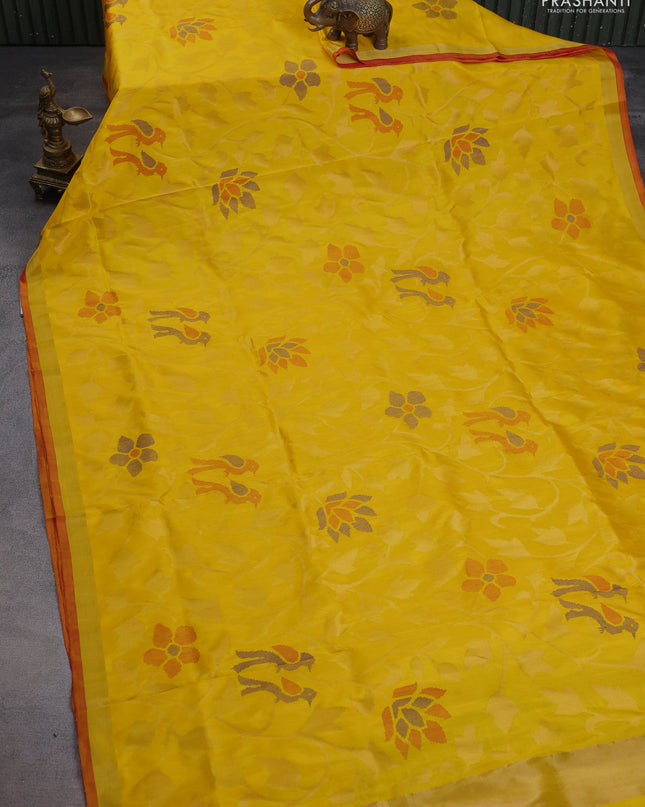 Uppada jamdhani silk saree yellow and red with allover jamdhani weaves and zari woven border
