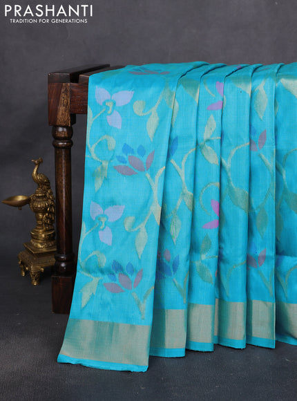 Uppada jamdhani silk saree teal blue with allover floral jamdhani weaves and zari woven border