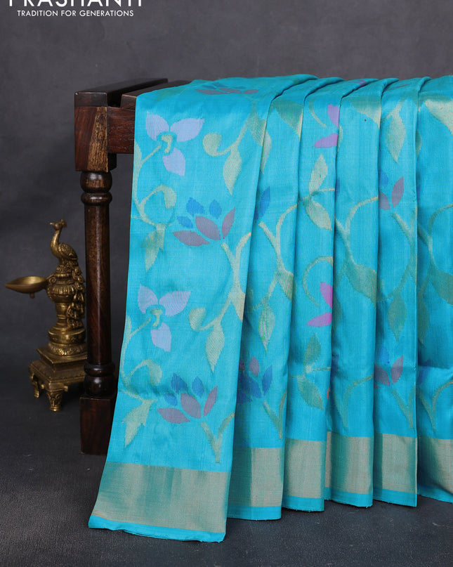Uppada jamdhani silk saree teal blue with allover floral jamdhani weaves and zari woven border