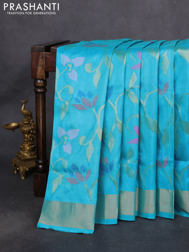 Uppada jamdhani silk saree teal blue with allover floral jamdhani weaves and zari woven border
