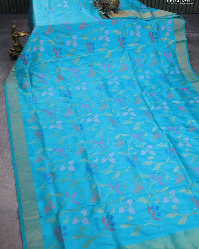 Uppada jamdhani silk saree teal blue with allover floral jamdhani weaves and zari woven border