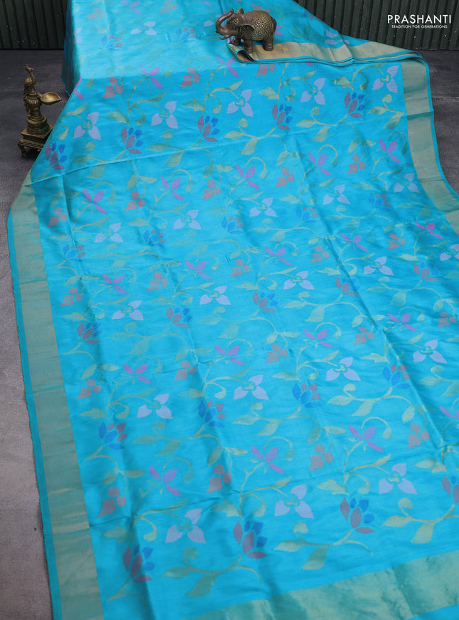 Uppada jamdhani silk saree teal blue with allover floral jamdhani weaves and zari woven border