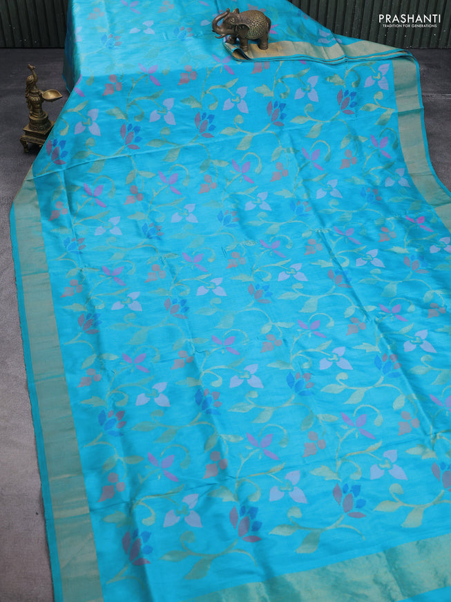 Uppada jamdhani silk saree teal blue with allover floral jamdhani weaves and zari woven border