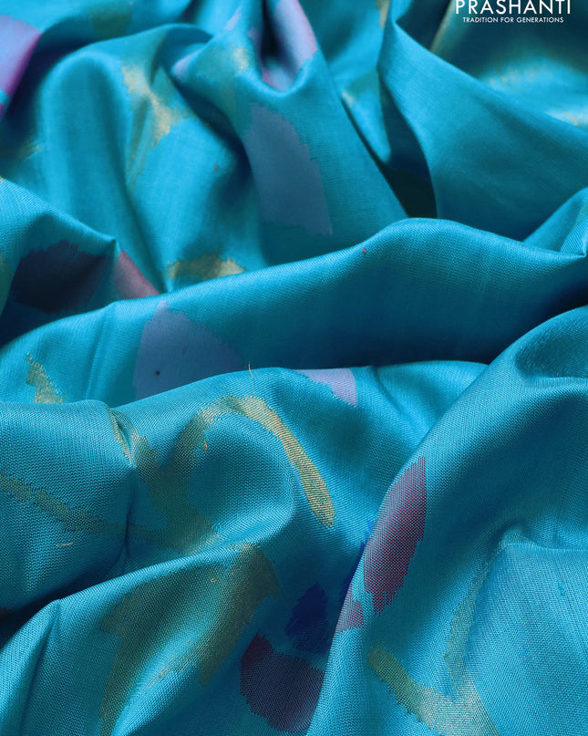 Uppada jamdhani silk saree teal blue with allover floral jamdhani weaves and zari woven border
