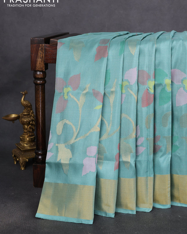 Uppada jamdhani silk saree pastel blue shade with allover floral jamdhani weaves and zari woven border