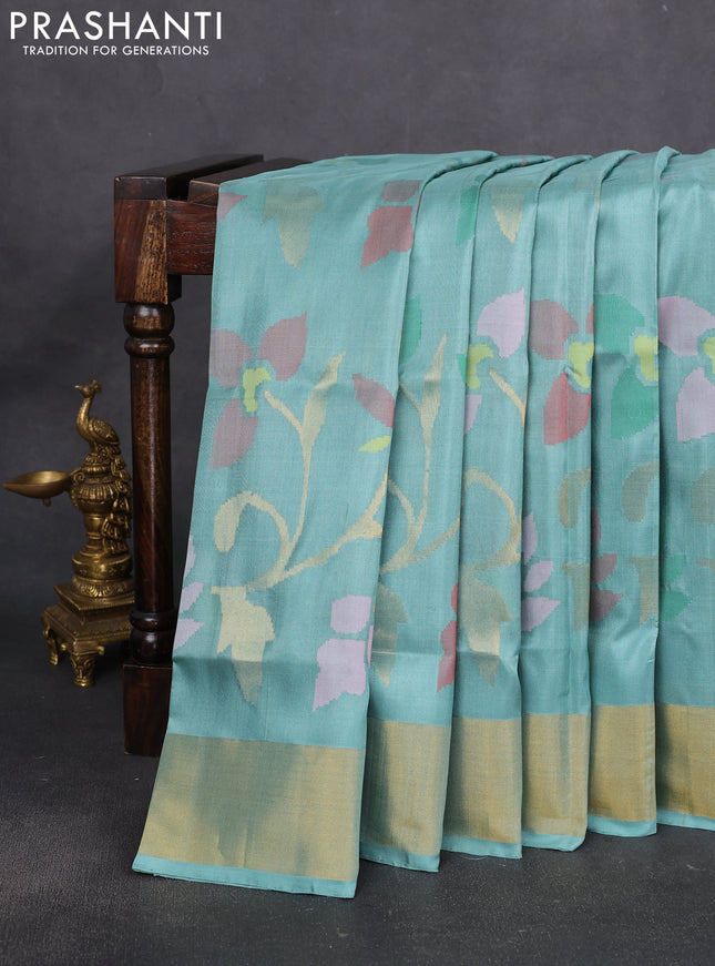 Uppada jamdhani silk saree pastel blue shade with allover floral jamdhani weaves and zari woven border