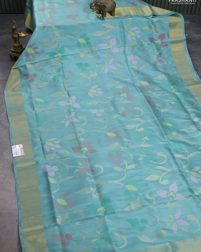 Uppada jamdhani silk saree pastel blue shade with allover floral jamdhani weaves and zari woven border