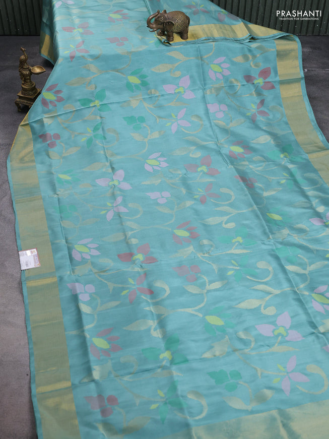 Uppada jamdhani silk saree pastel blue shade with allover floral jamdhani weaves and zari woven border