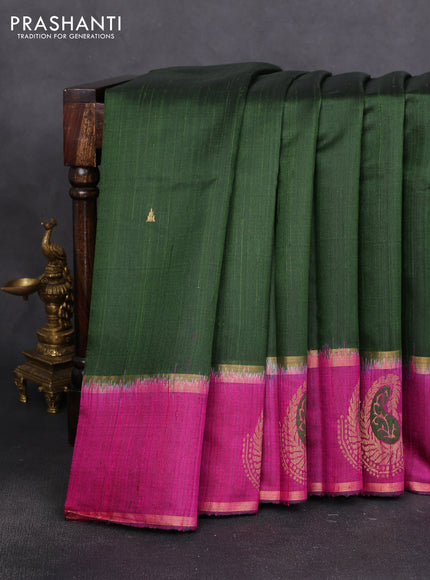 Pure dupion silk saree bottle green and magenta pink with temple zari woven buttas and thread & zari woven paisley border