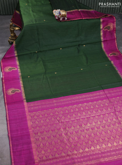 Pure dupion silk saree bottle green and magenta pink with temple zari woven buttas and thread & zari woven paisley border