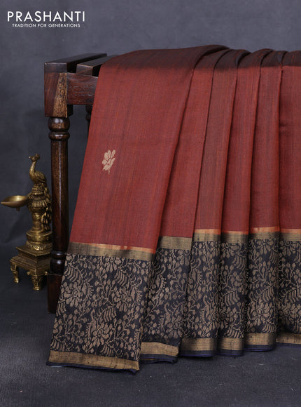 Pure dupion silk saree brown and navy blue with zari woven buttas and long zari woven border
