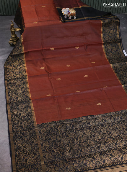 Pure dupion silk saree brown and navy blue with zari woven buttas and long zari woven border