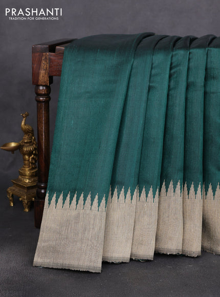 Pure dupion silk saree green and beige with thread woven buttas and temple design border