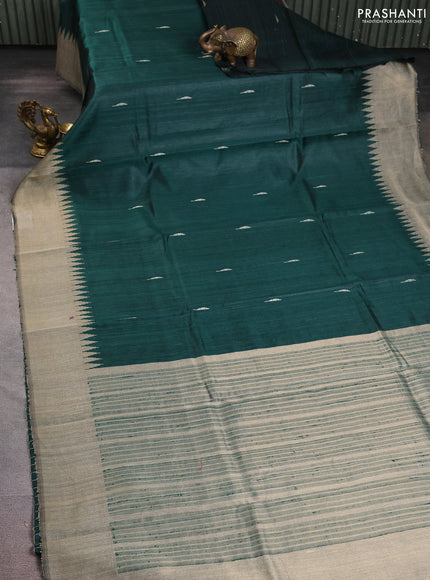 Pure dupion silk saree green and beige with thread woven buttas and temple design border