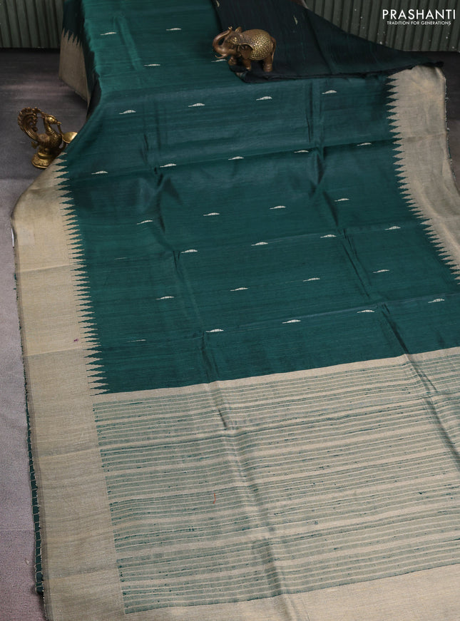 Pure dupion silk saree green and beige with thread woven buttas and temple design border
