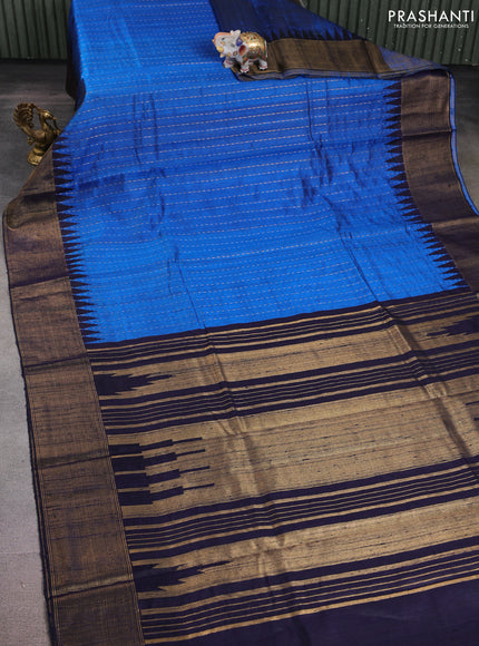 Pure dupion silk saree cs blue and navy blue with allover zari weaves and temple design zari woven border