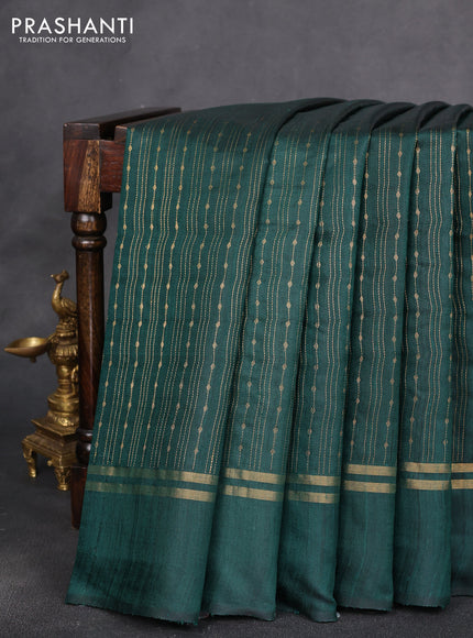 Pure dupion silk saree green with allover zari stripe pattern and simple border