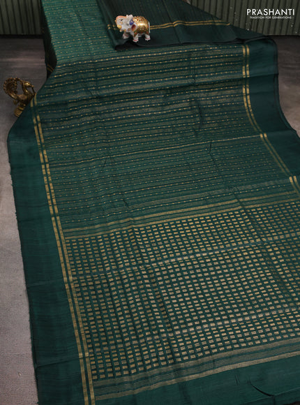 Pure dupion silk saree green with allover zari stripe pattern and simple border