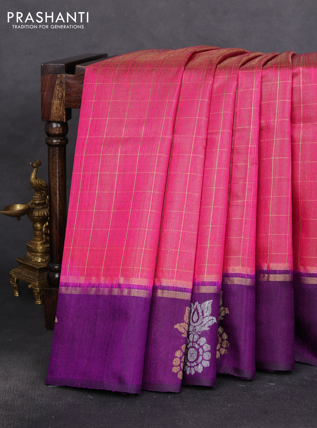 Pure dupion silk saree pink and purple with allover zari woven checked pattern and silver & gold zari woven butta border
