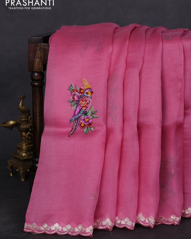 Pure organza silk saree pink with convent embroidery and embroidered border