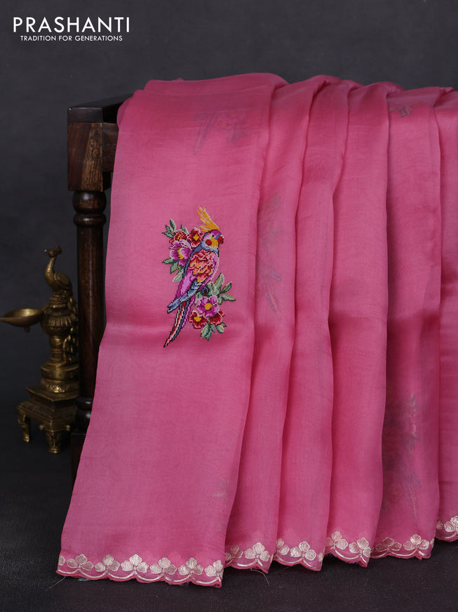 Pure organza silk saree pink with convent embroidery and embroidered border