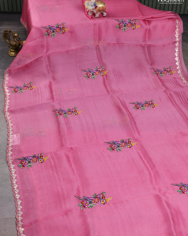 Pure organza silk saree pink with convent embroidery and embroidered border