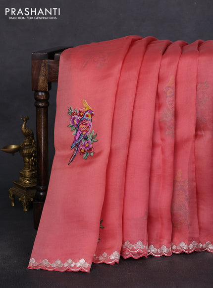 Pure organza silk saree dark peach with convent embroidery and embroidered border