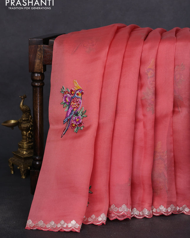 Pure organza silk saree dark peach with convent embroidery and embroidered border