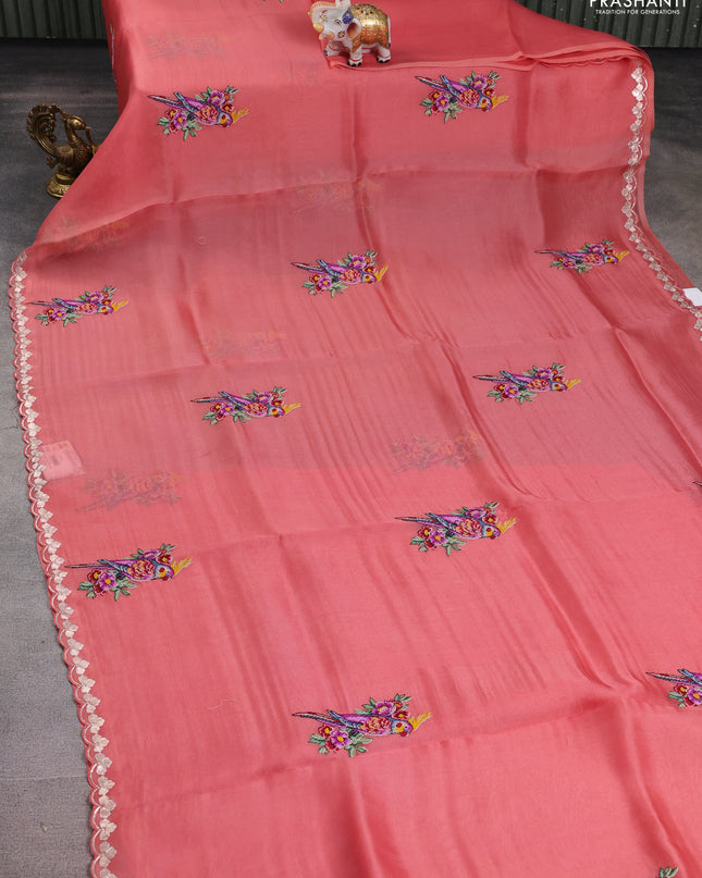 Pure organza silk saree dark peach with convent embroidery and embroidered border
