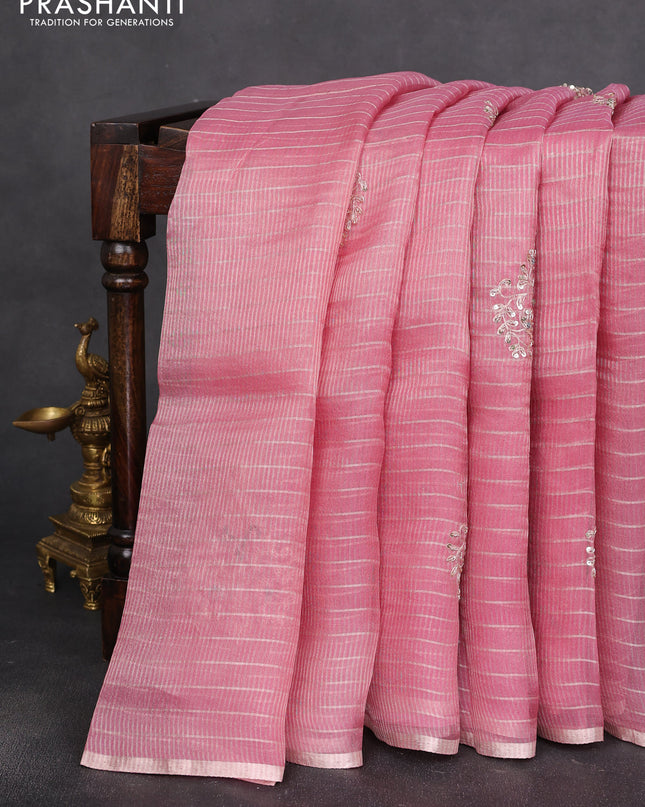 Pure organza silk saree light pink with allover zari stripe pattern & zardosi work and zari woven piping border