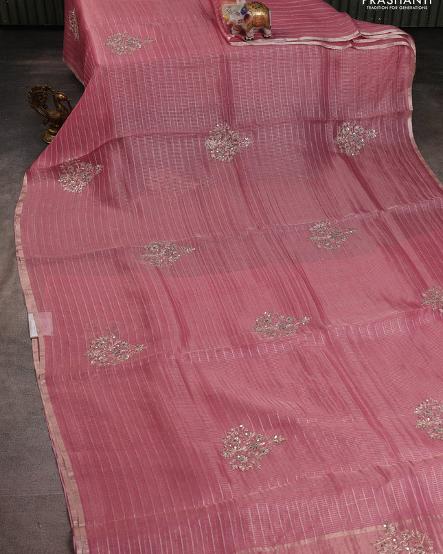 Pure organza silk saree light pink with allover zari stripe pattern & zardosi work and zari woven piping border