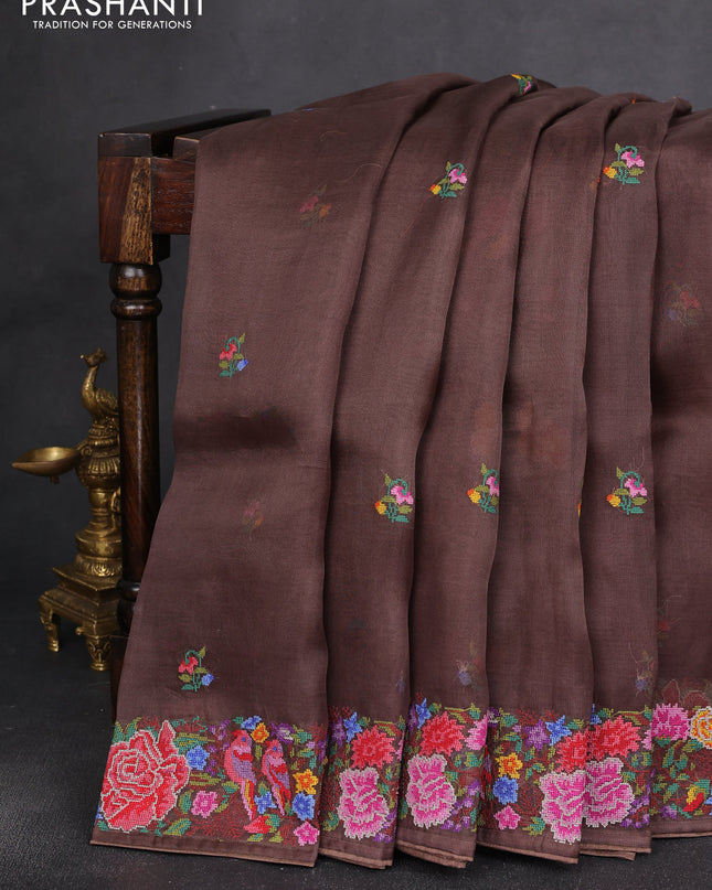 Pure organza silk saree coffee brown with embroidery buttas and convent embroidery border