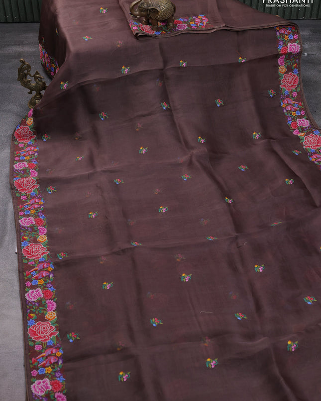 Pure organza silk saree coffee brown with embroidery buttas and convent embroidery border