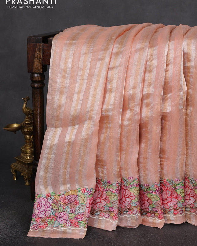 Pure organza silk saree peach pink with allover silver & gold stripes pattern and embroidered border