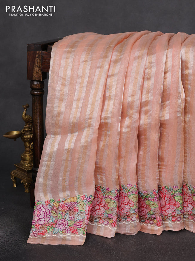 Pure organza silk saree peach pink with allover silver & gold stripes pattern and embroidered border
