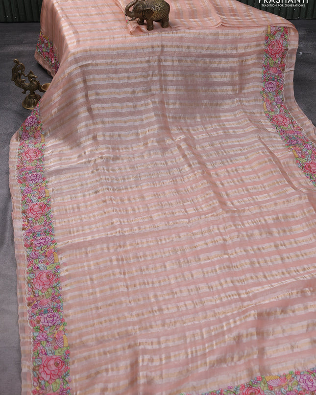 Pure organza silk saree peach pink with allover silver & gold stripes pattern and embroidered border