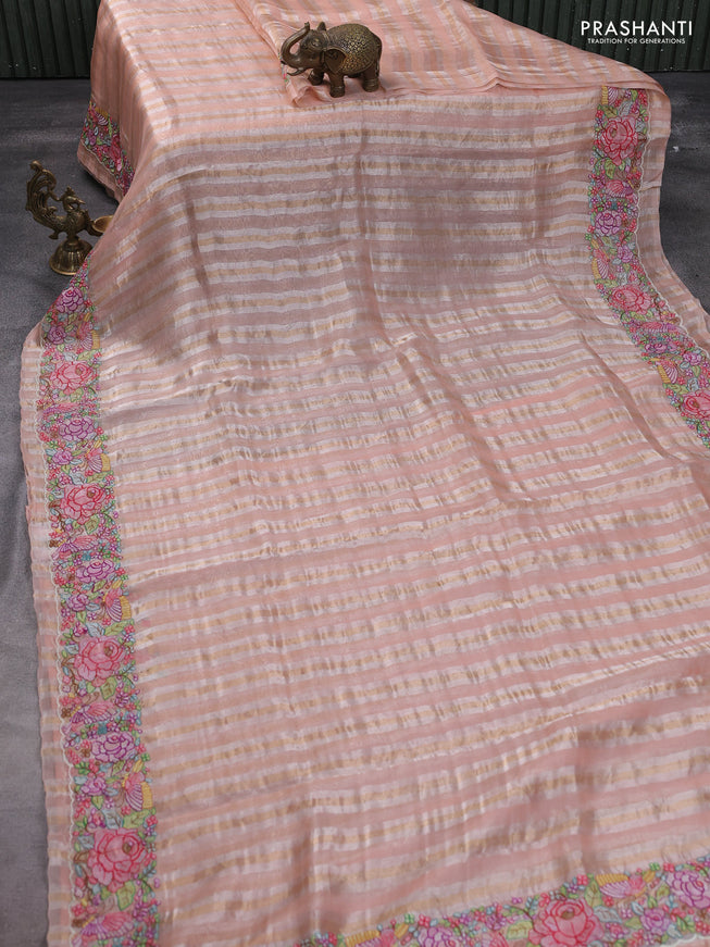 Pure organza silk saree peach pink with allover silver & gold stripes pattern and embroidered border