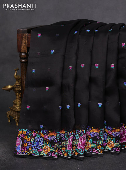 Pure organza silk saree black with embroidery buttas and convent embroidery border