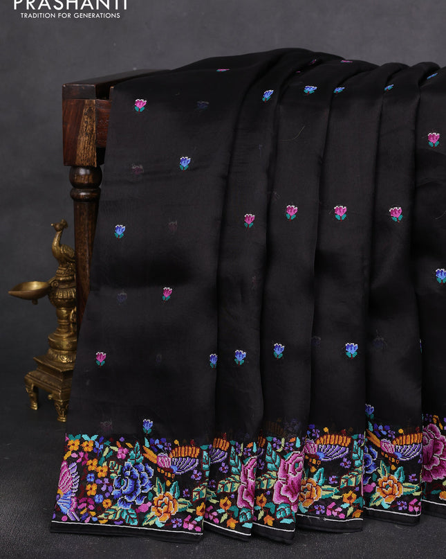 Pure organza silk saree black with embroidery buttas and convent embroidery border