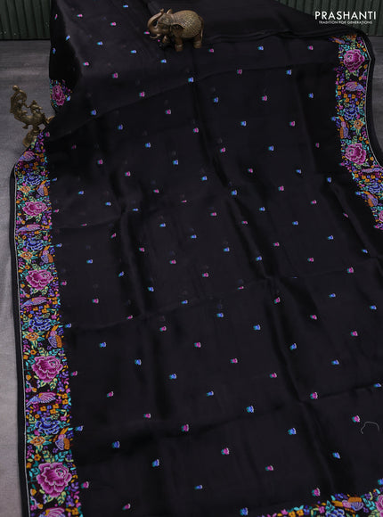 Pure organza silk saree black with embroidery buttas and convent embroidery border
