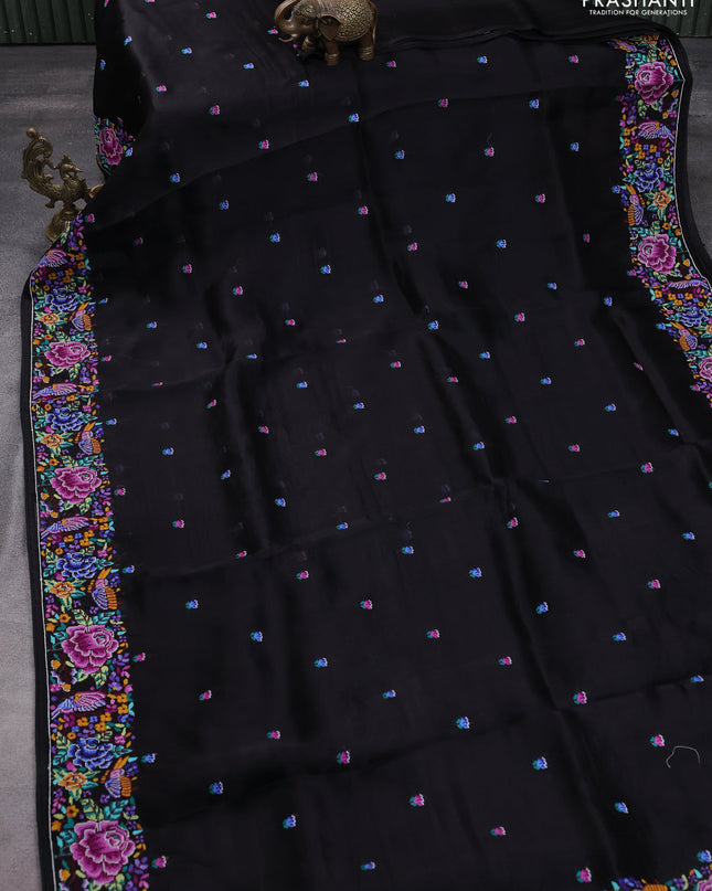 Pure organza silk saree black with embroidery buttas and convent embroidery border