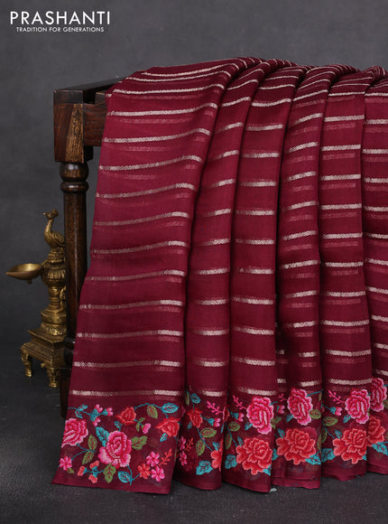 Pure organza silk saree wine shade with allover zari weaves and floral convent embroiderey border