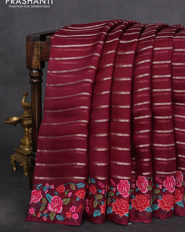 Pure organza silk saree wine shade with allover zari weaves and floral convent embroiderey border