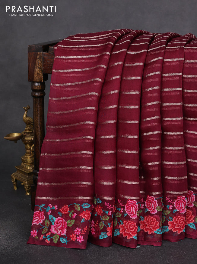 Pure organza silk saree wine shade with allover zari weaves and floral convent embroiderey border