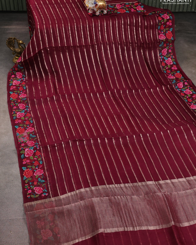 Pure organza silk saree wine shade with allover zari weaves and floral convent embroiderey border