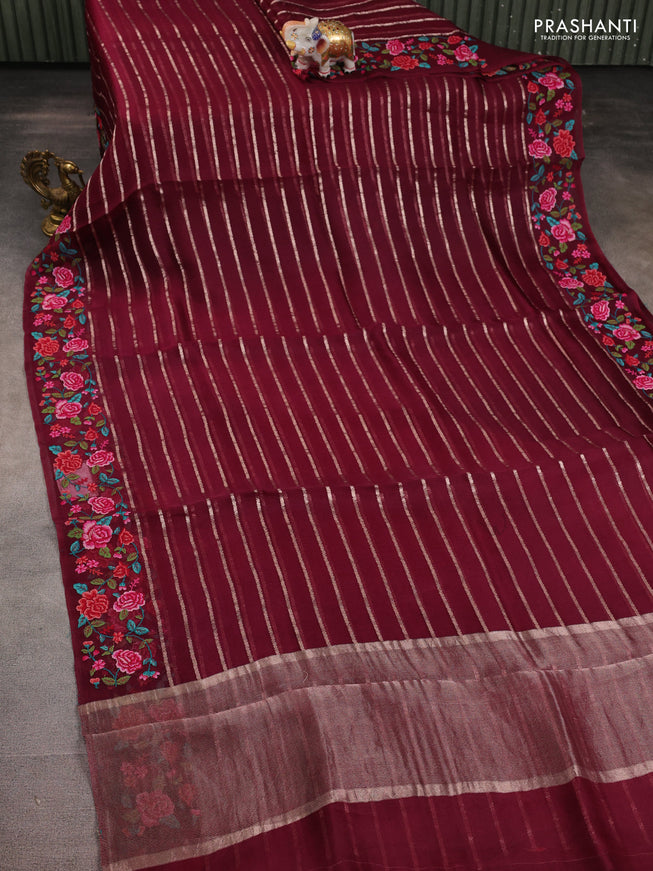 Pure organza silk saree wine shade with allover zari weaves and floral convent embroiderey border