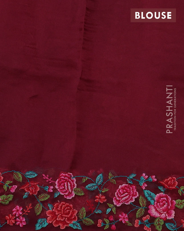Pure organza silk saree wine shade with allover zari weaves and floral convent embroiderey border
