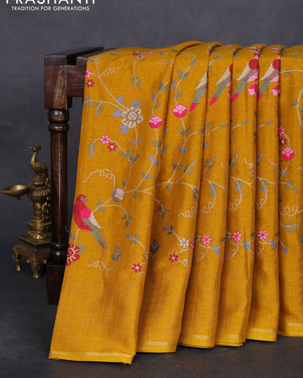 Semi tussar saree mustard yellow with allover embroidery design and zari woven border